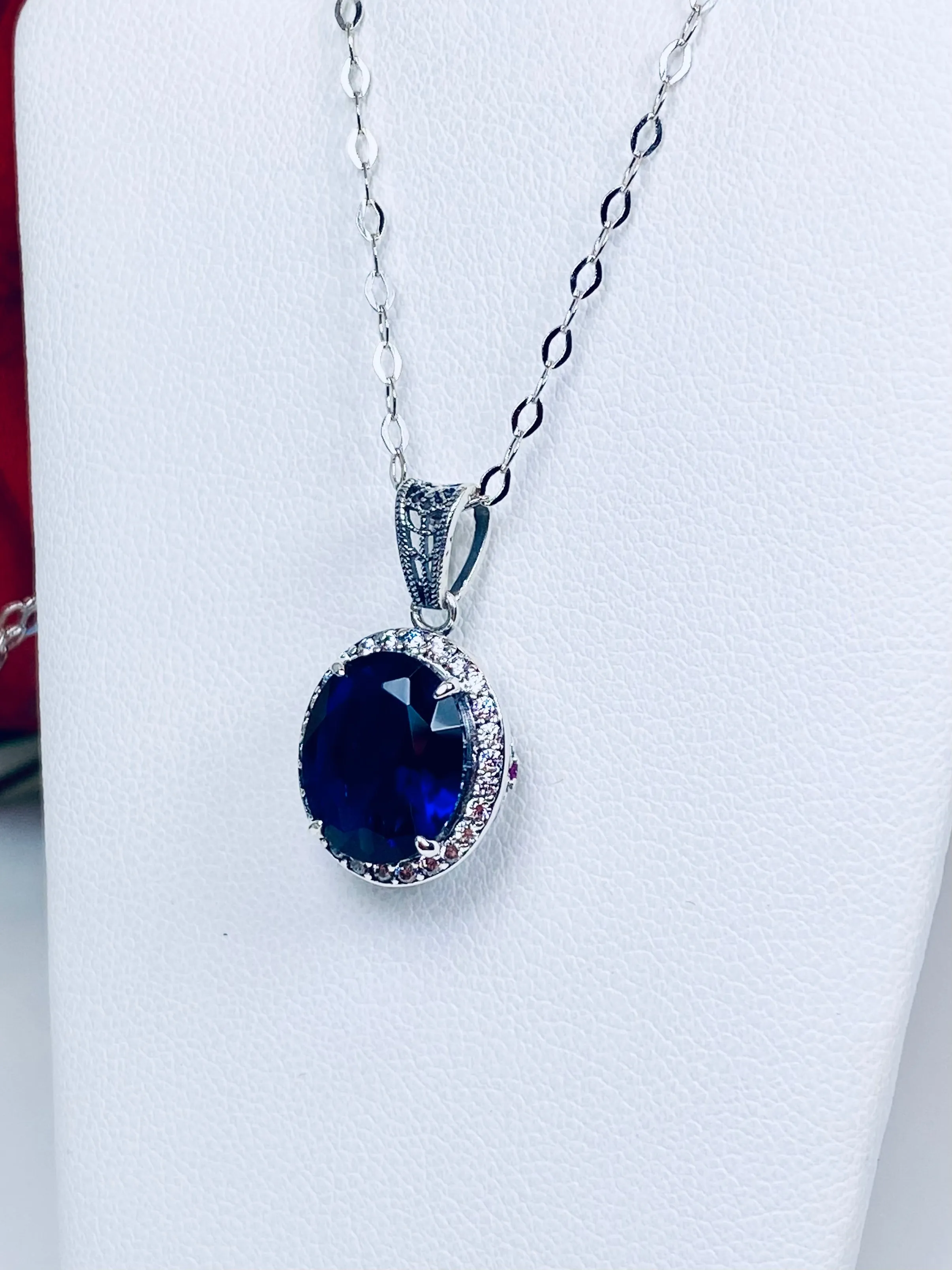 Blue Sapphire Halo Pendant, Art Deco Jewelry, P228