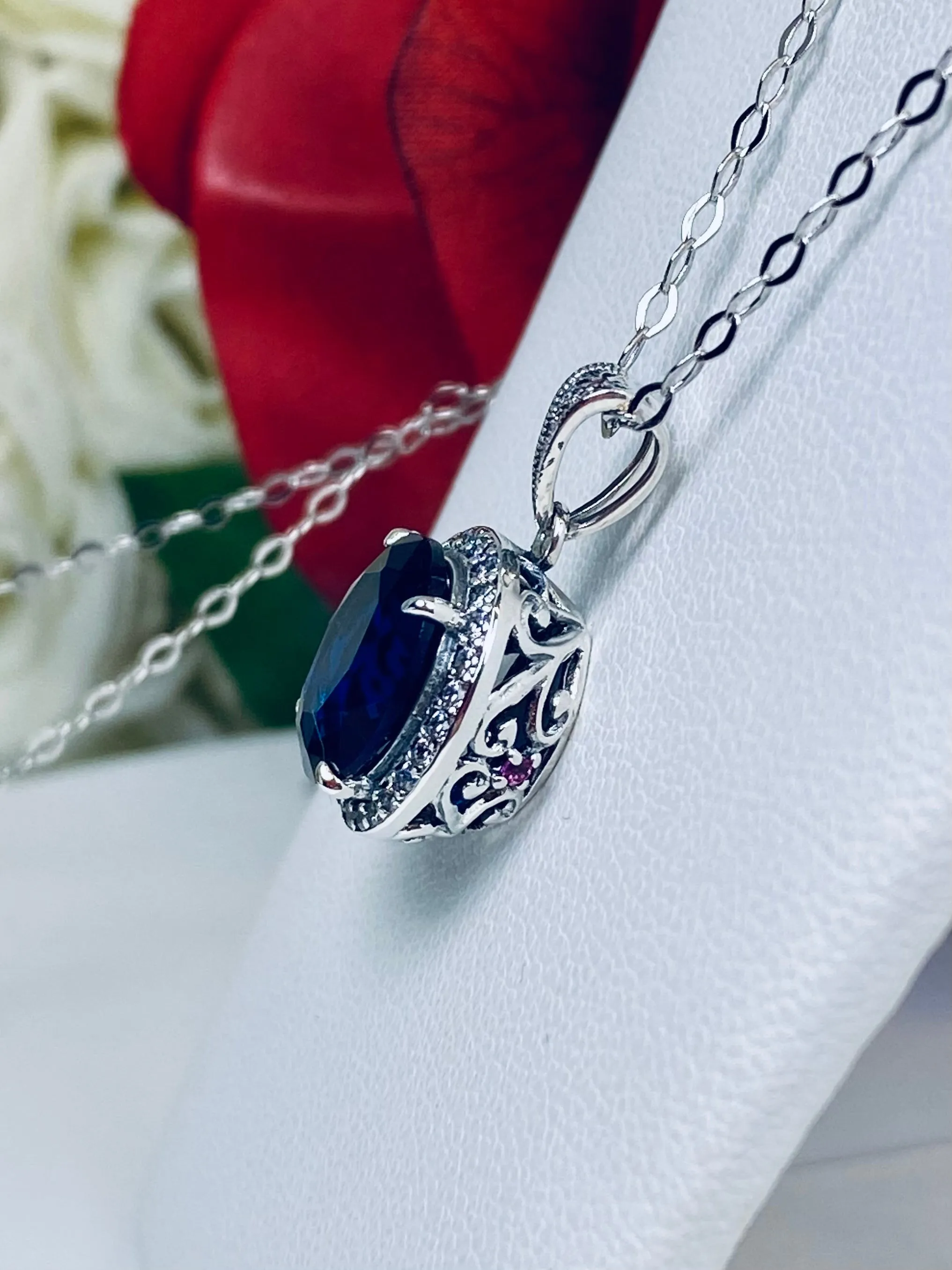 Blue Sapphire Halo Pendant, Art Deco Jewelry, P228