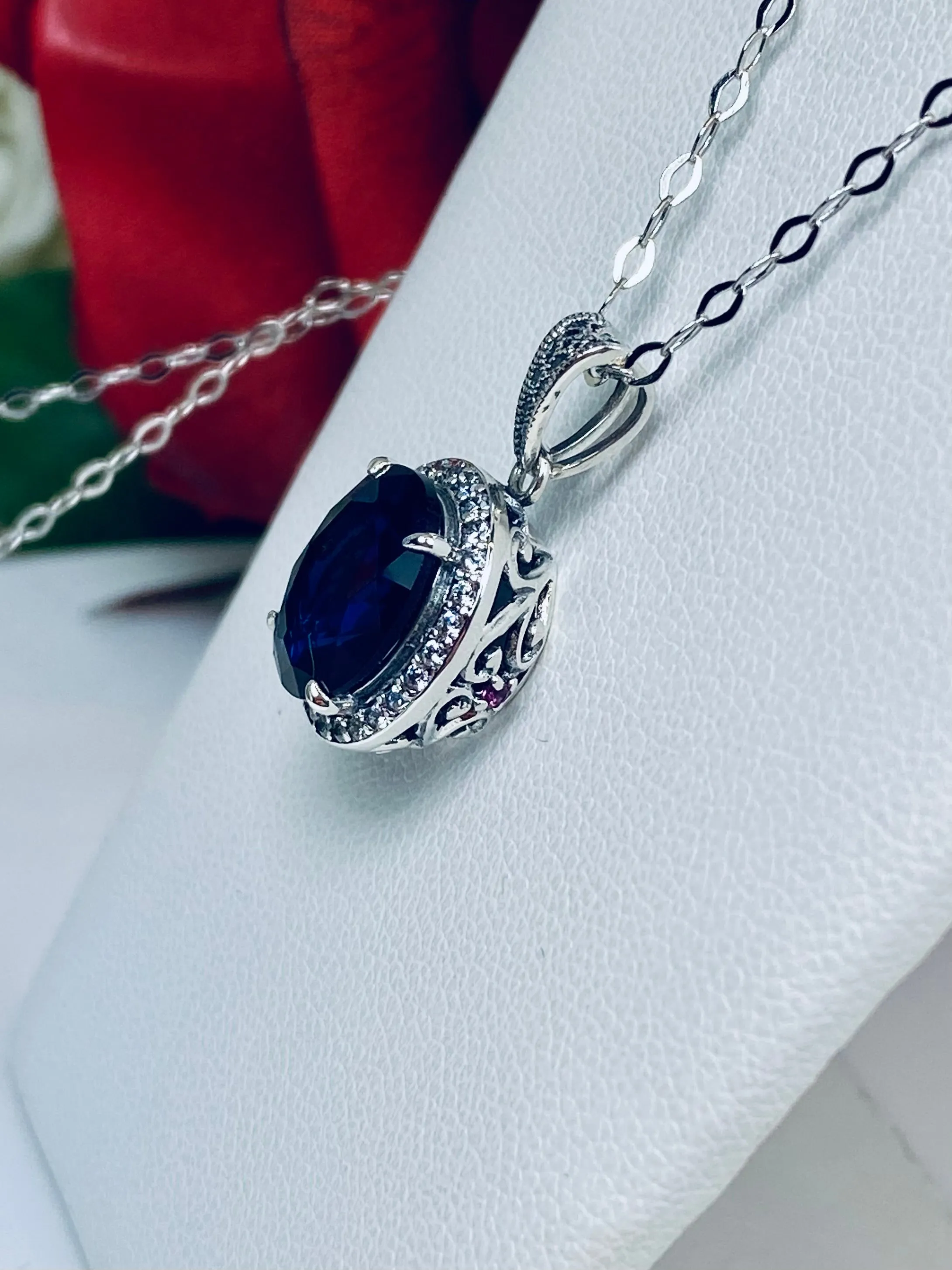 Blue Sapphire Halo Pendant, Art Deco Jewelry, P228