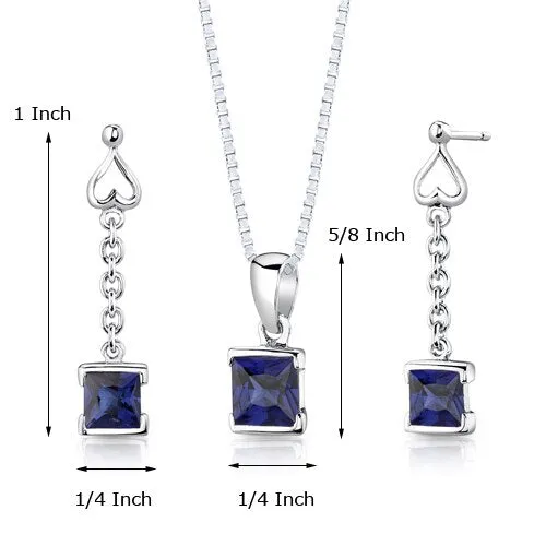 Blue Sapphire Pendant Earrings Set Sterling Silver Princess SS2942