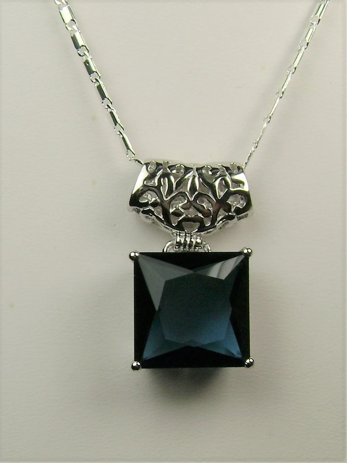 Blue Sapphire Pendant, Square Gem, Sterling Silver Art Deco Jewelry #P45