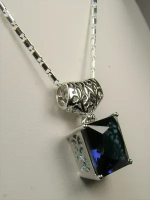 Blue Sapphire Pendant, Square Gem, Sterling Silver Art Deco Jewelry #P45