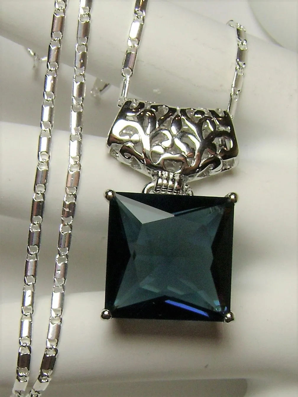 Blue Sapphire Pendant, Square Gem, Sterling Silver Art Deco Jewelry #P45