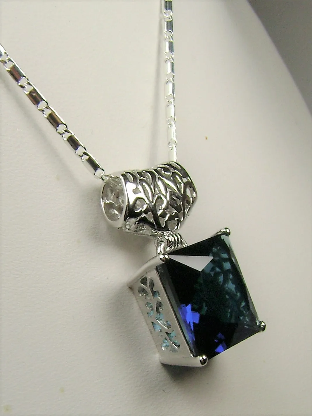 Blue Sapphire Pendant, Square Gem, Sterling Silver Art Deco Jewelry #P45