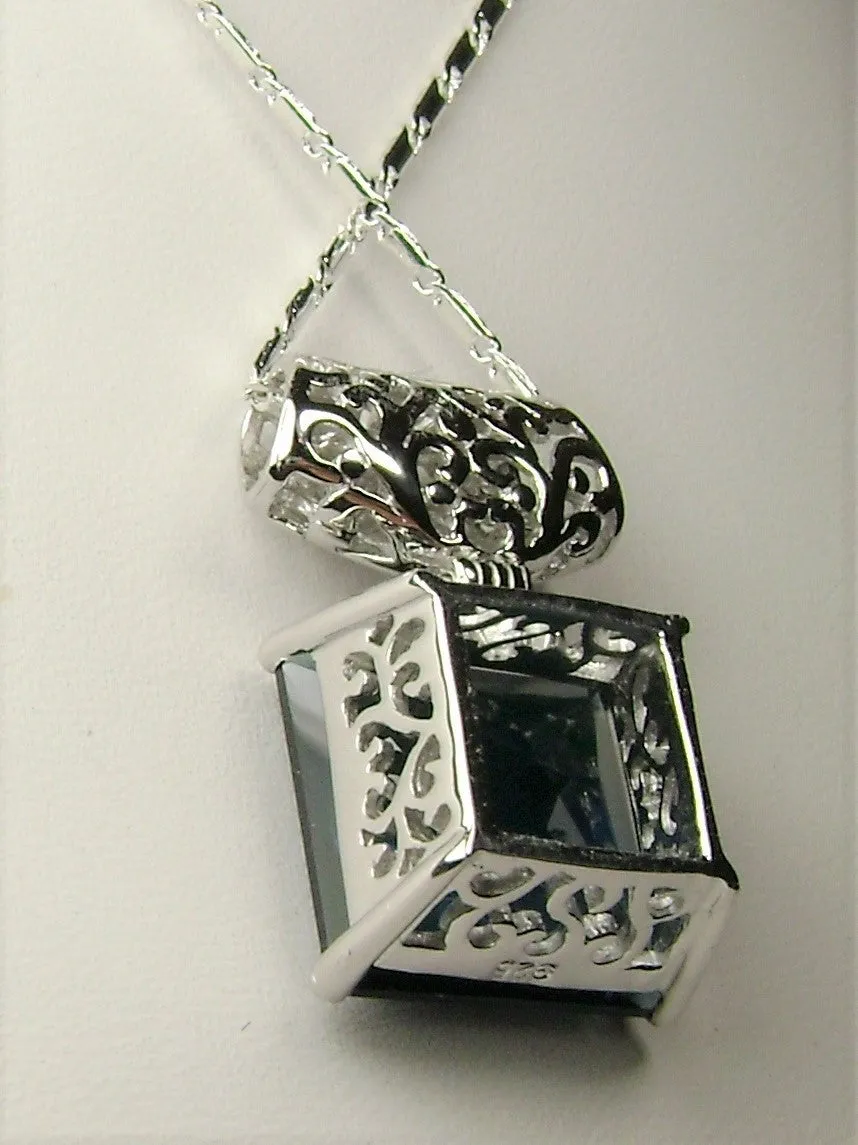 Blue Sapphire Pendant, Square Gem, Sterling Silver Art Deco Jewelry #P45