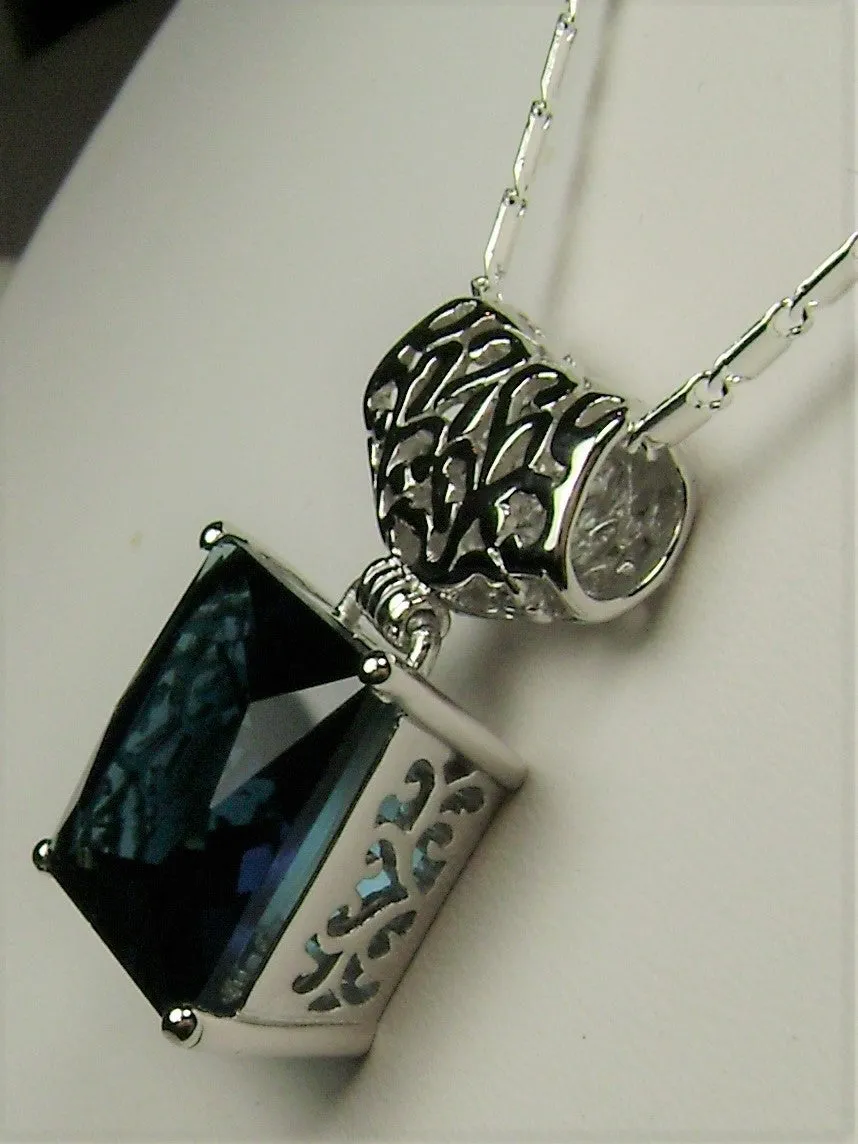 Blue Sapphire Pendant, Square Gem, Sterling Silver Art Deco Jewelry #P45