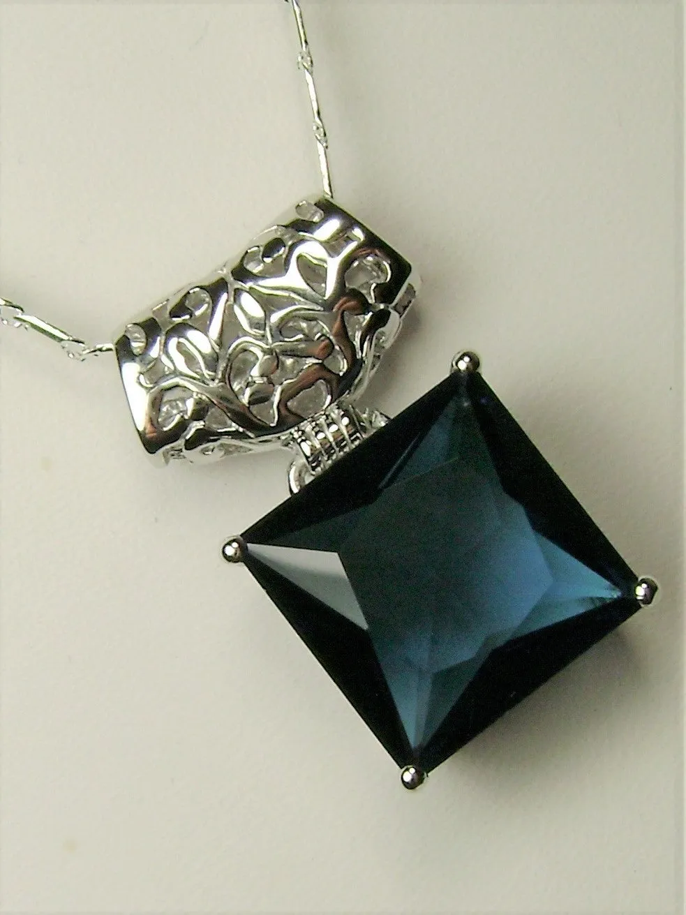 Blue Sapphire Pendant, Square Gem, Sterling Silver Art Deco Jewelry #P45