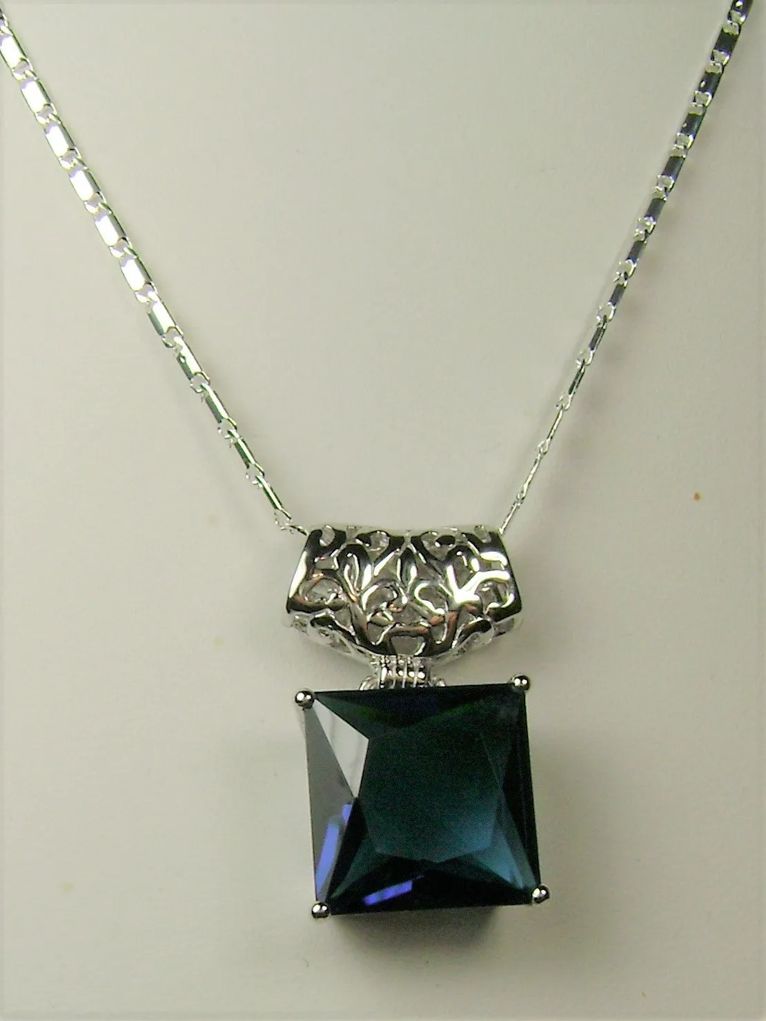 Blue Sapphire Pendant, Square Gem, Sterling Silver Art Deco Jewelry #P45