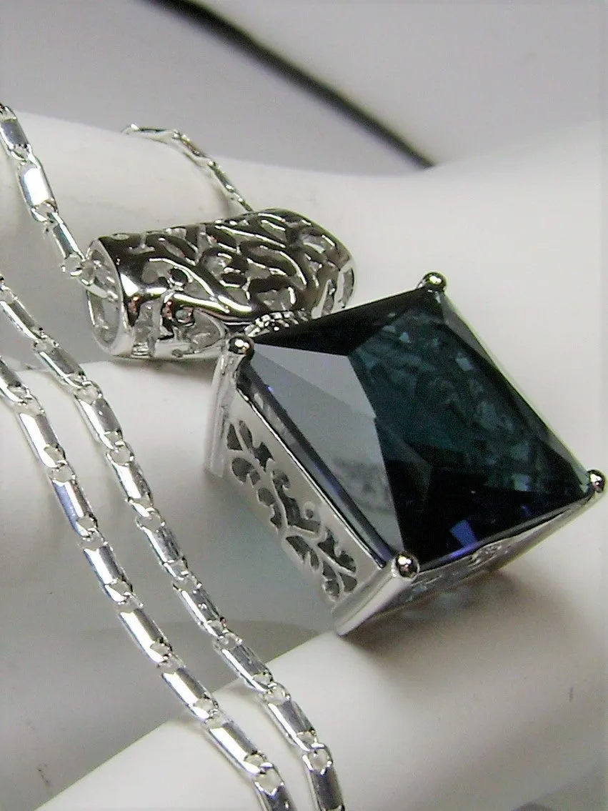 Blue Sapphire Pendant, Square Gem, Sterling Silver Art Deco Jewelry #P45