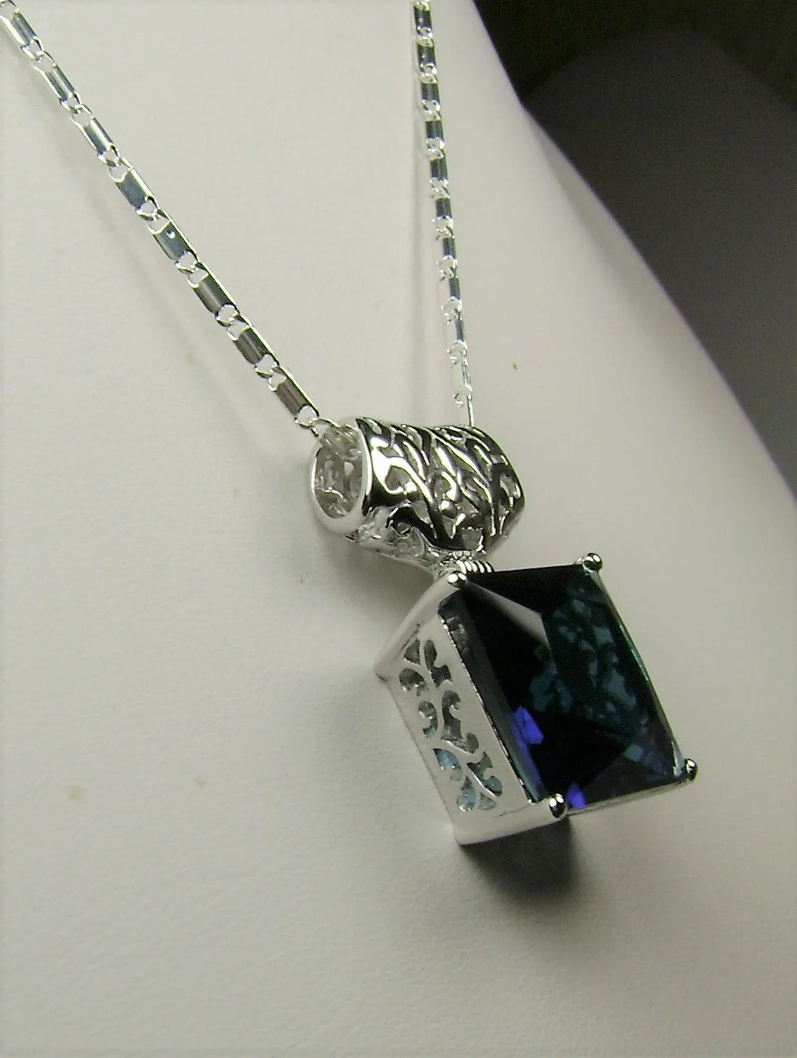 Blue Sapphire Pendant, Square Gem, Sterling Silver Art Deco Jewelry #P45