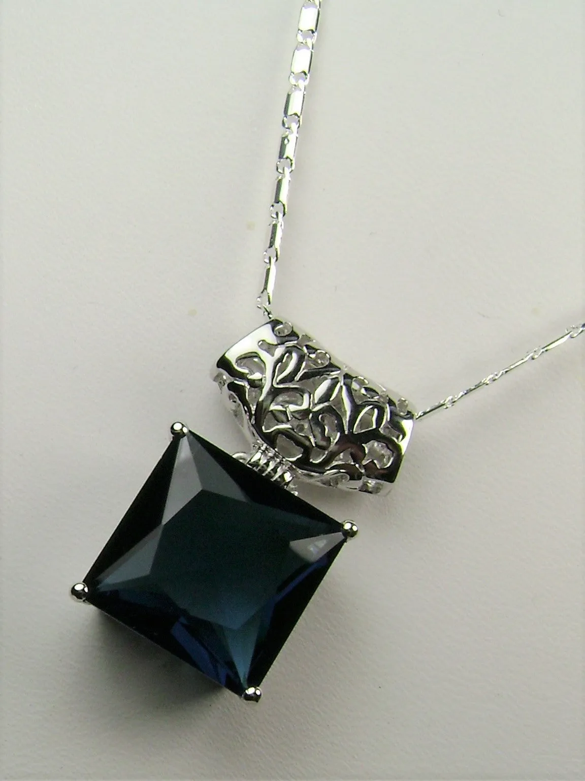 Blue Sapphire Pendant, Square Gem, Sterling Silver Art Deco Jewelry #P45