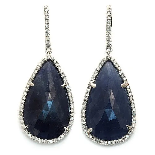 Blue Sapphire Teardrop Slice Dangle Earrings 14k White Gold