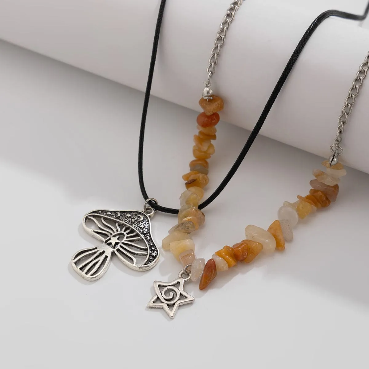 Boho Layered Mushroom Star Pendant Turquoise Stone Chain Necklace Set
