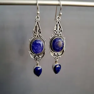 Boho Long Sapphire Oxidised 925 Silver Earrings, E38S