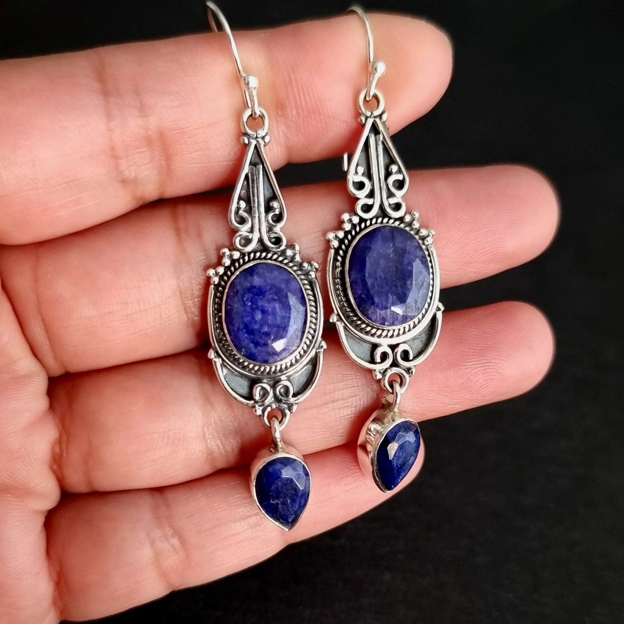 Boho Long Sapphire Oxidised 925 Silver Earrings, E38S