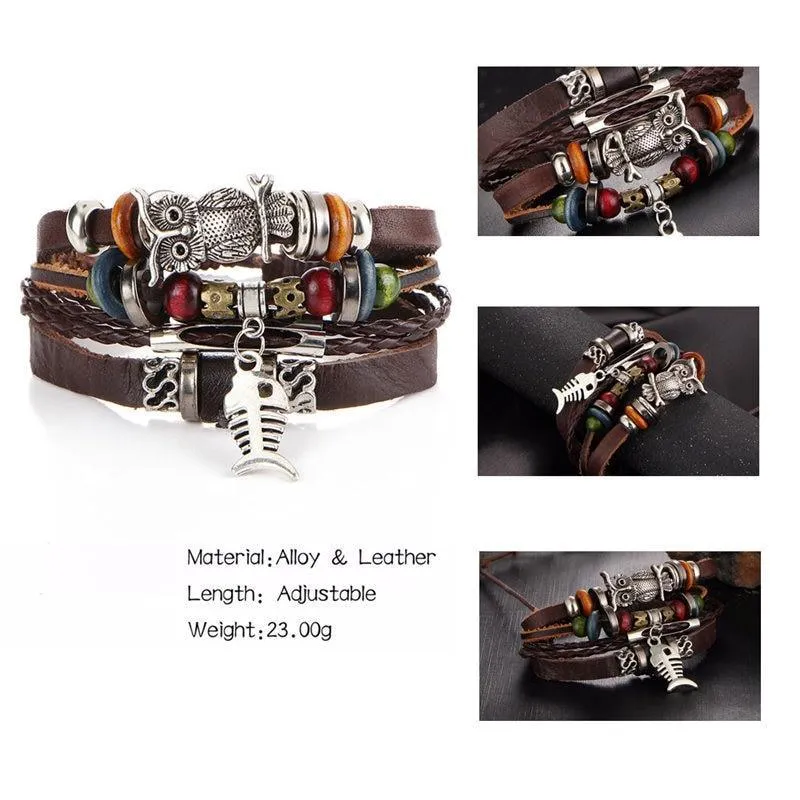 BOHO Tibet Stone Feather Multilayer Leather Bracelet Eye Fish Charms Beads Bracelets For Men Vintage Punk Wrap Wristband Cool Jewelry
