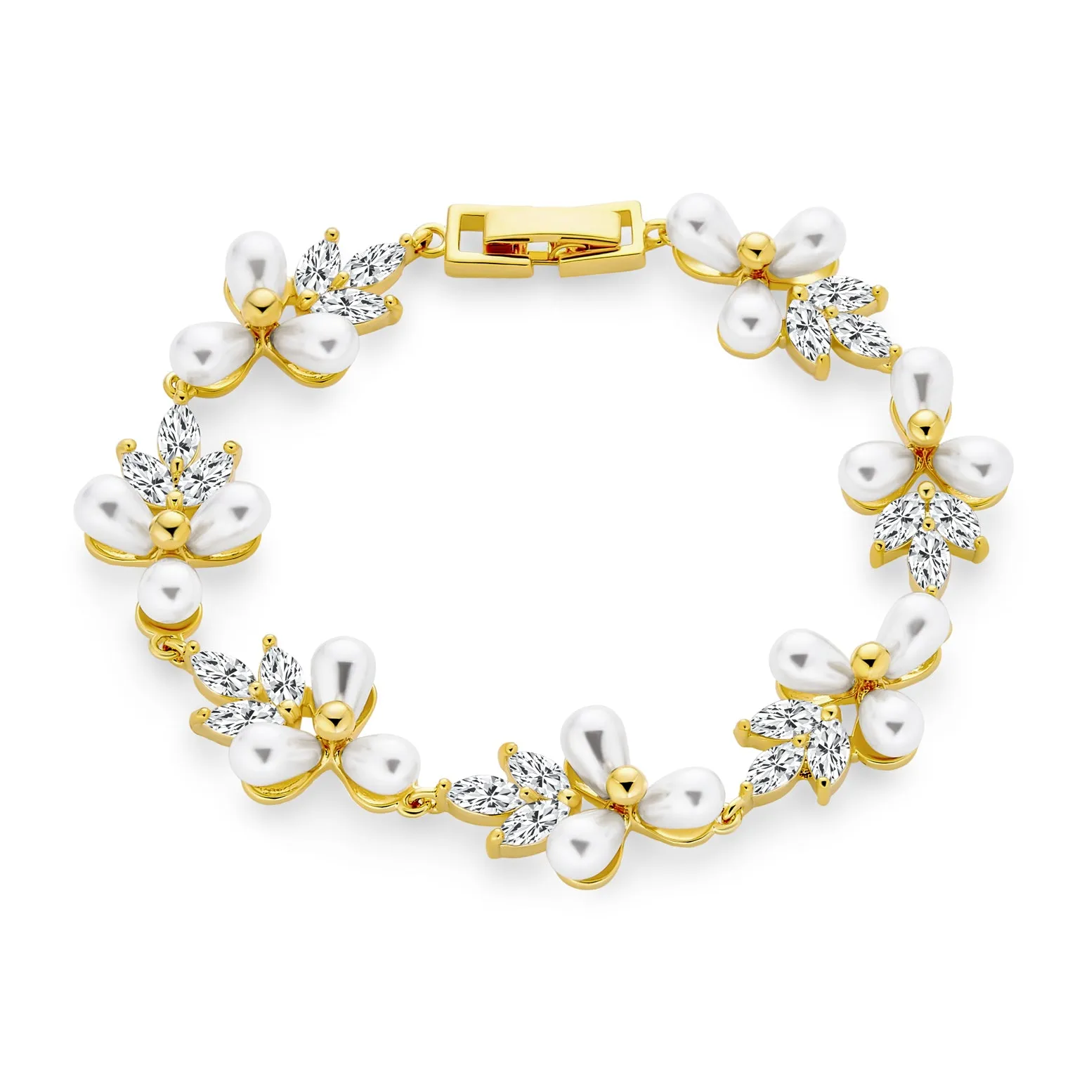 Bridal Strand Bracelet CZ Flowers & Freshwater Pearl Silver Plated 6.5-7.25"