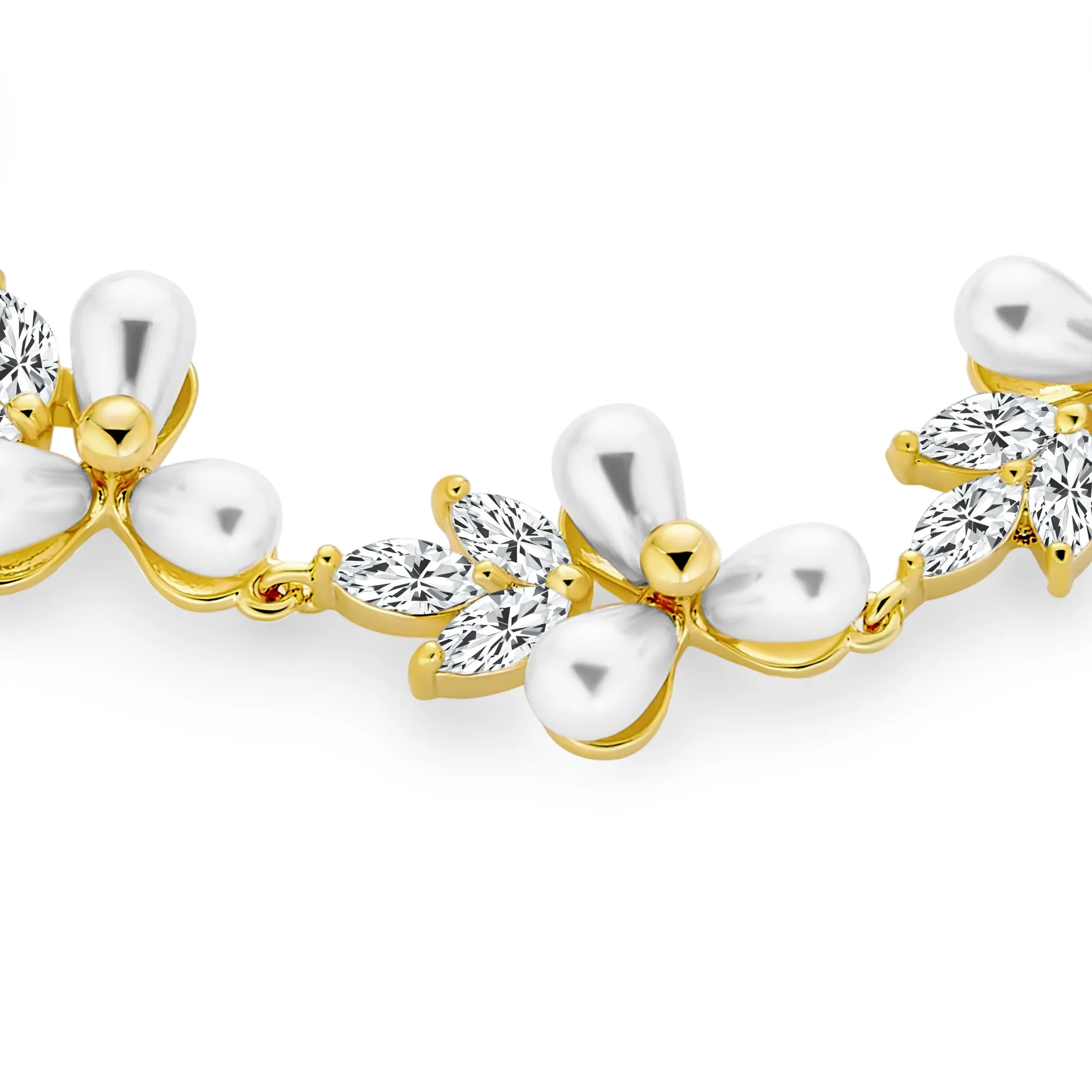 Bridal Strand Bracelet CZ Flowers & Freshwater Pearl Silver Plated 6.5-7.25"