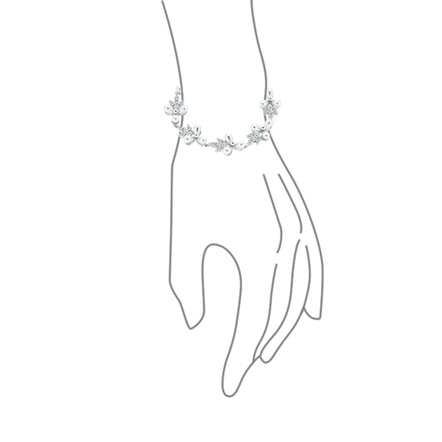 Bridal Strand Bracelet CZ Flowers & Freshwater Pearl Silver Plated 6.5-7.25"