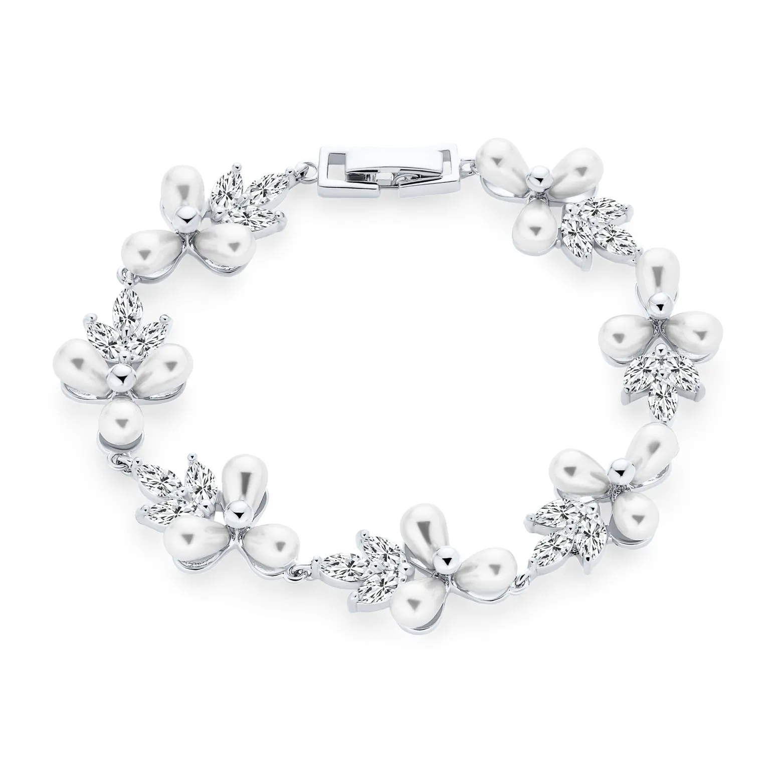 Bridal Strand Bracelet CZ Flowers & Freshwater Pearl Silver Plated 6.5-7.25"