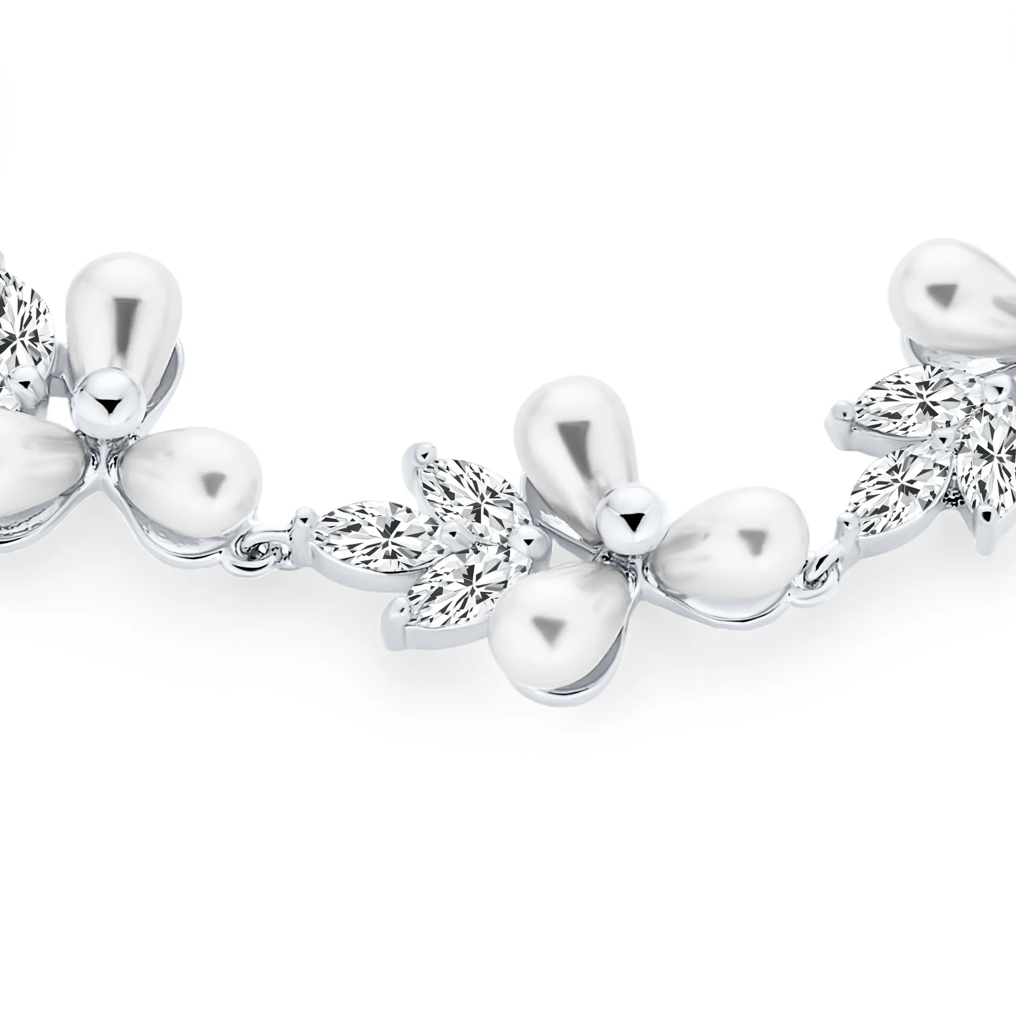 Bridal Strand Bracelet CZ Flowers & Freshwater Pearl Silver Plated 6.5-7.25"