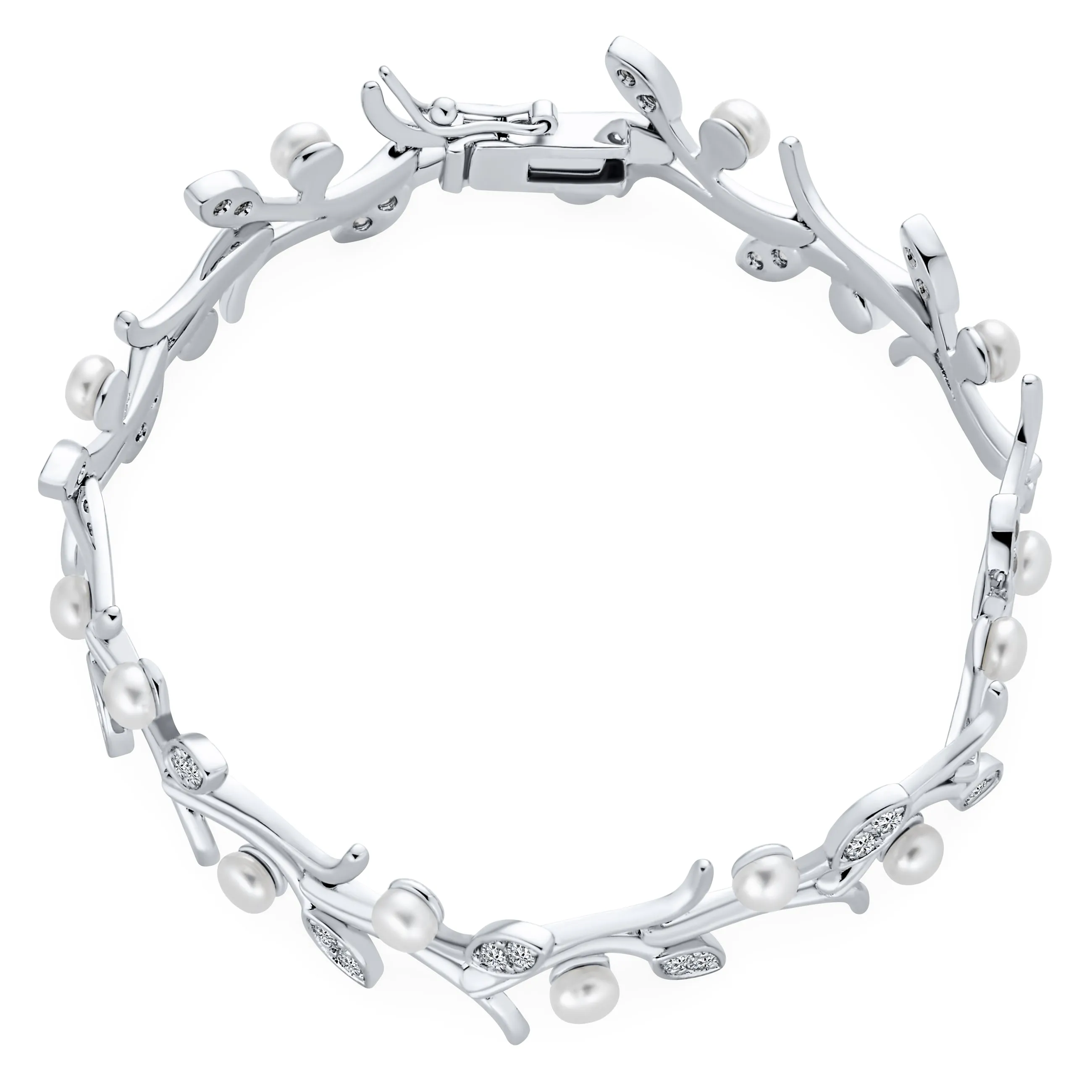 Bridal Strand Bracelet with CZ Flowers & Freshwater Pearl Silver Plated 7 Inch
