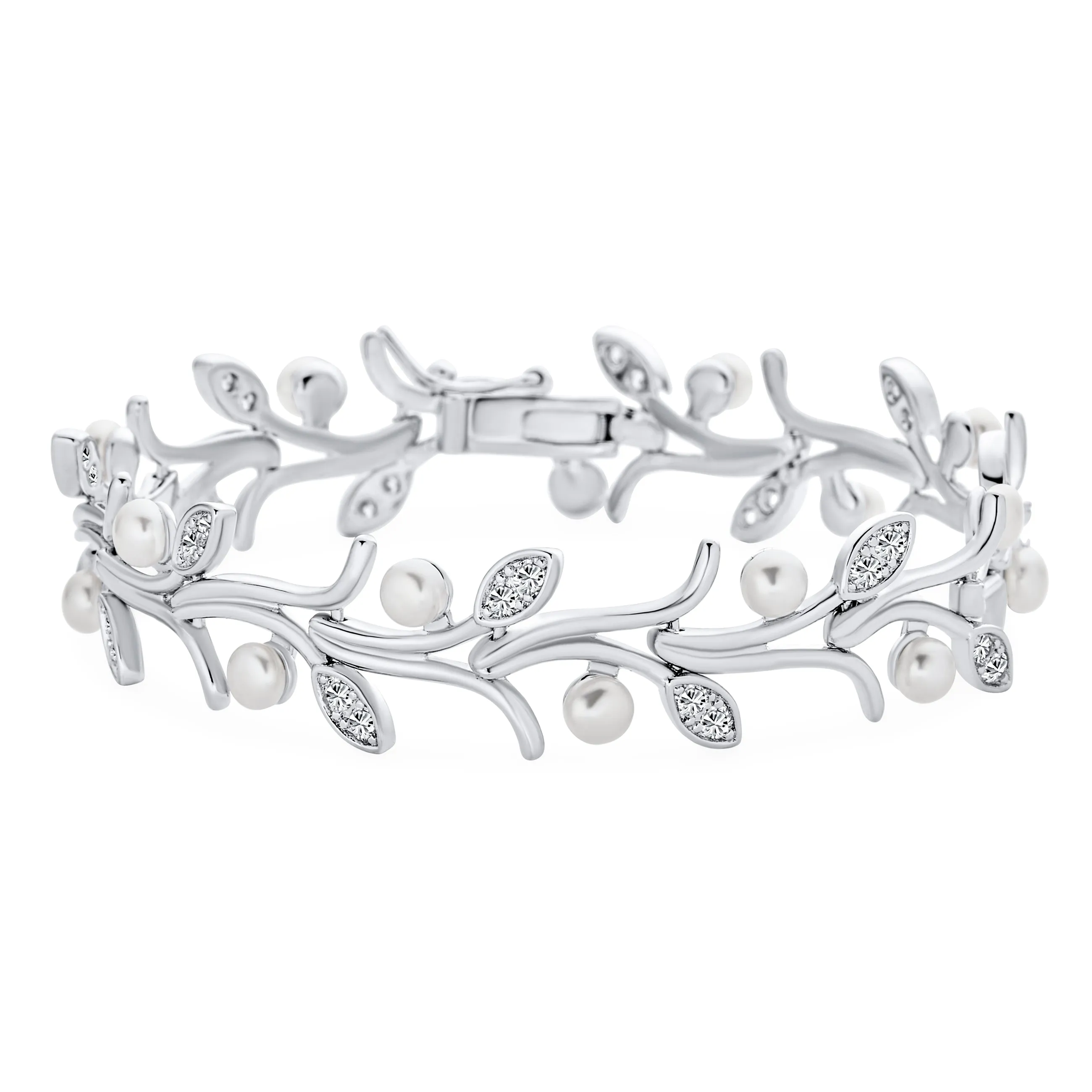 Bridal Strand Bracelet with CZ Flowers & Freshwater Pearl Silver Plated 7 Inch