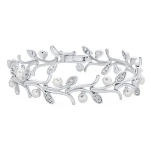 Bridal Strand Bracelet with CZ Flowers & Freshwater Pearl Silver Plated 7 Inch
