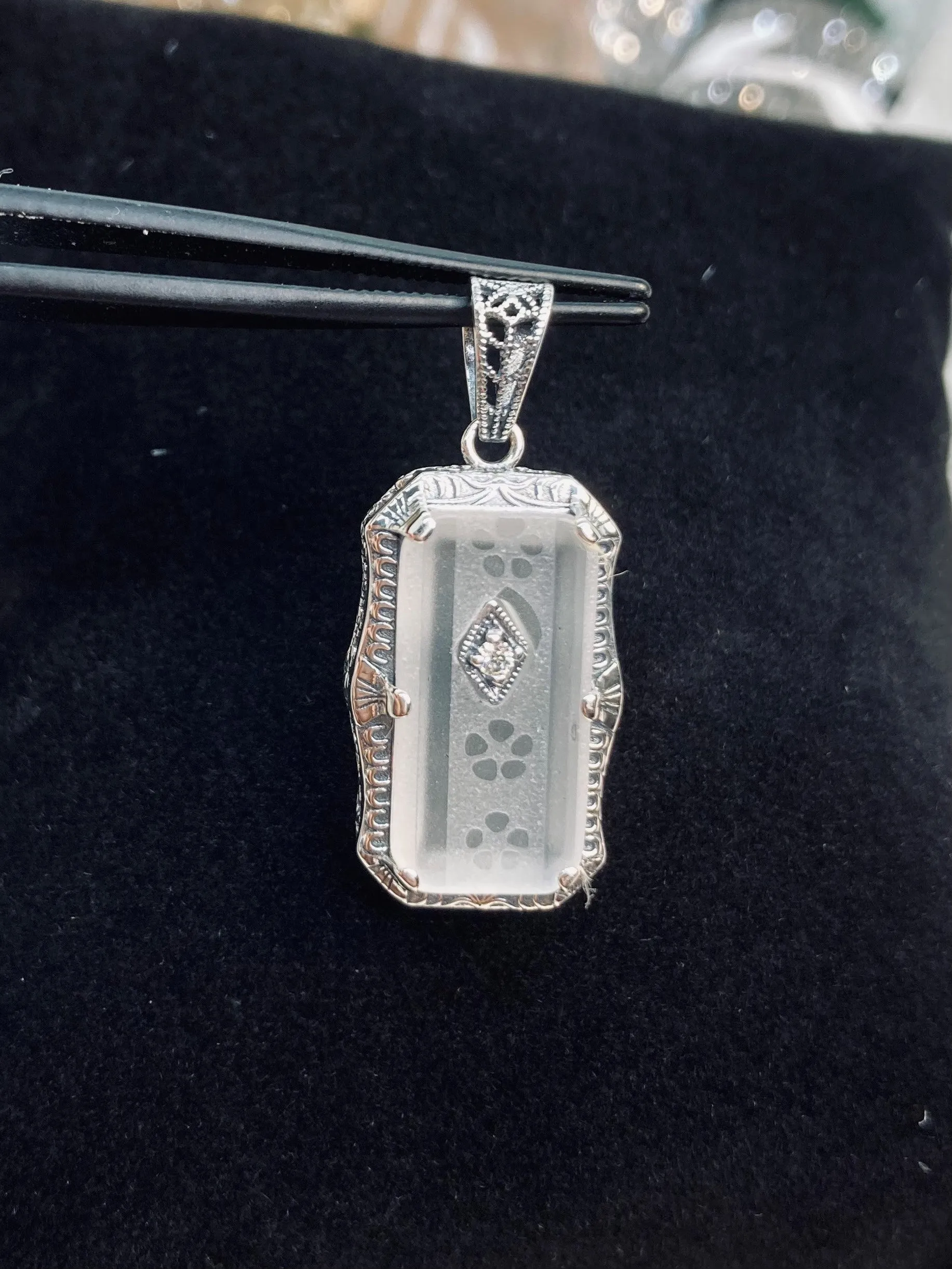 Camphor Glass Pendant, with Gem accent, Art Deco Jewelry #P232