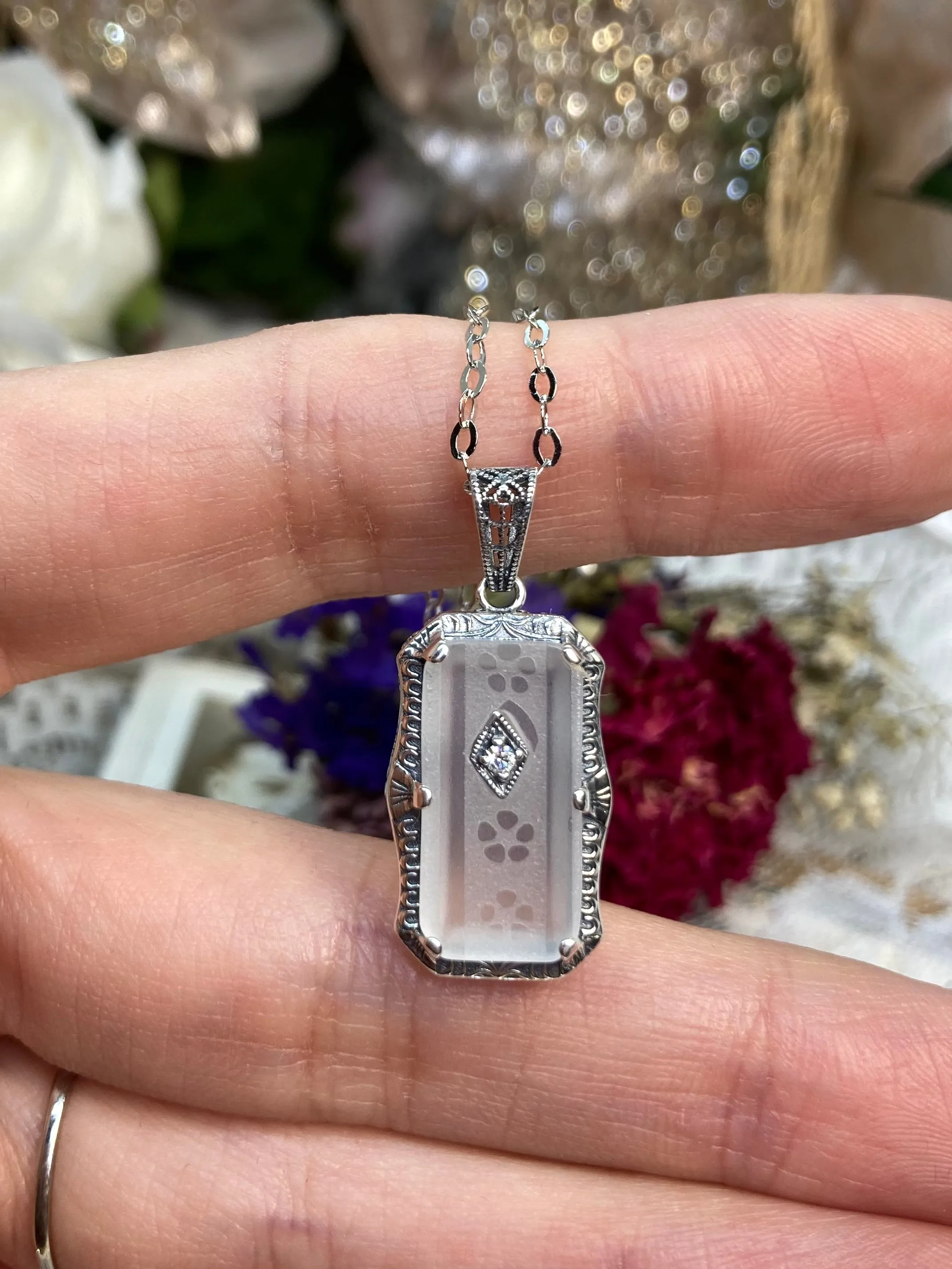 Camphor Glass Pendant, with Gem accent, Art Deco Jewelry #P232