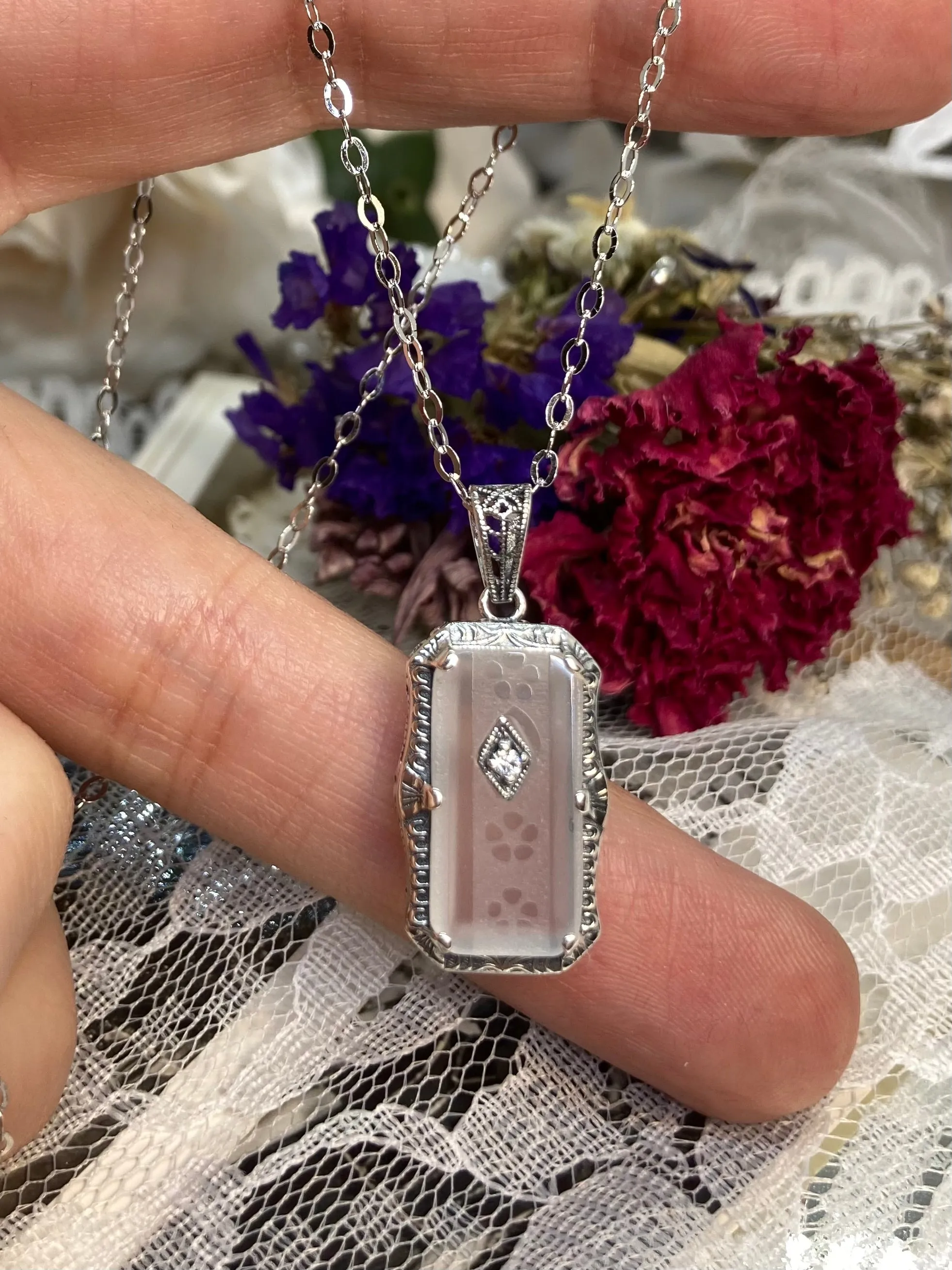 Camphor Glass Pendant, with Gem accent, Art Deco Jewelry #P232
