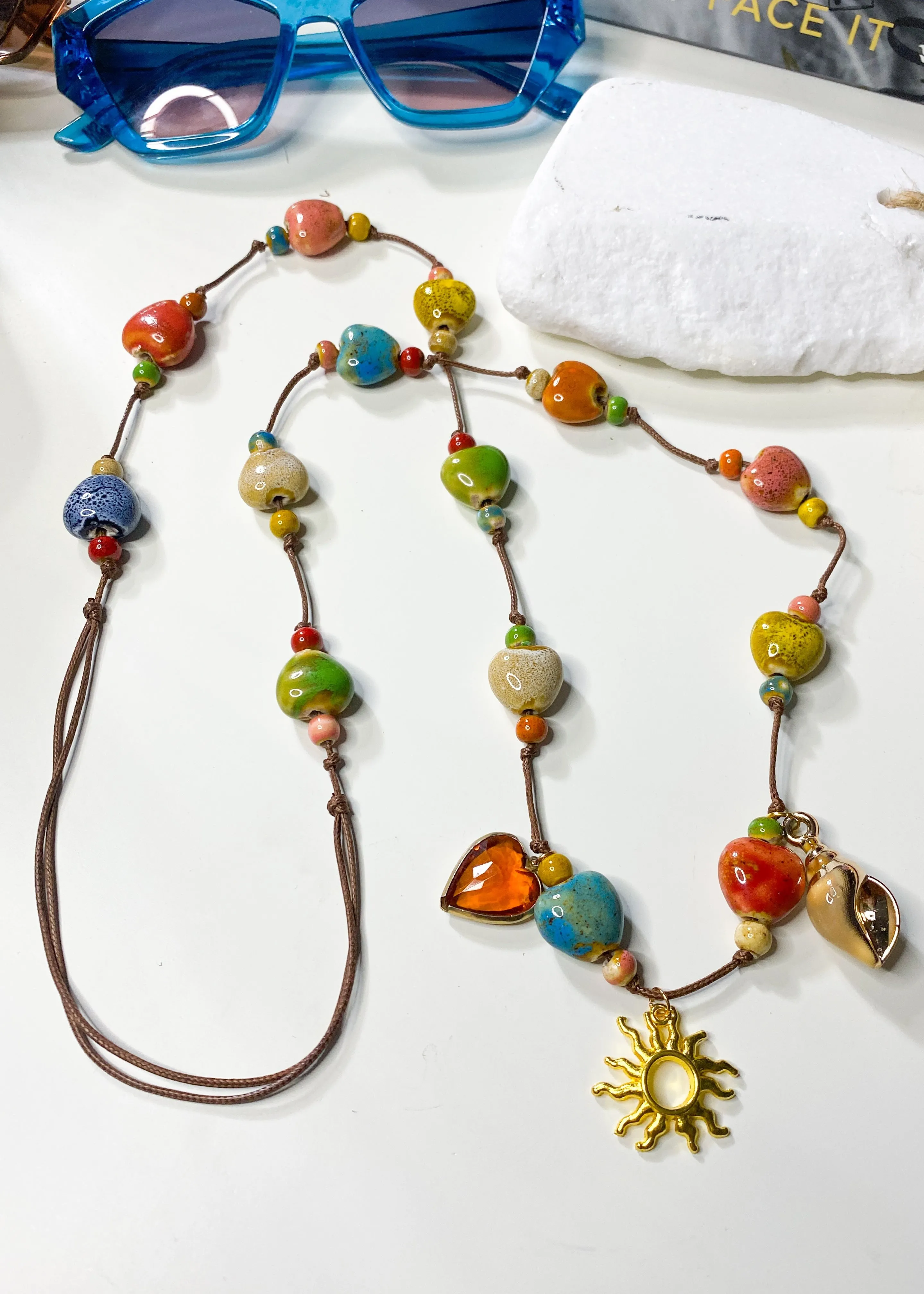 Ceramic Stone Long Leather Thong Necklace