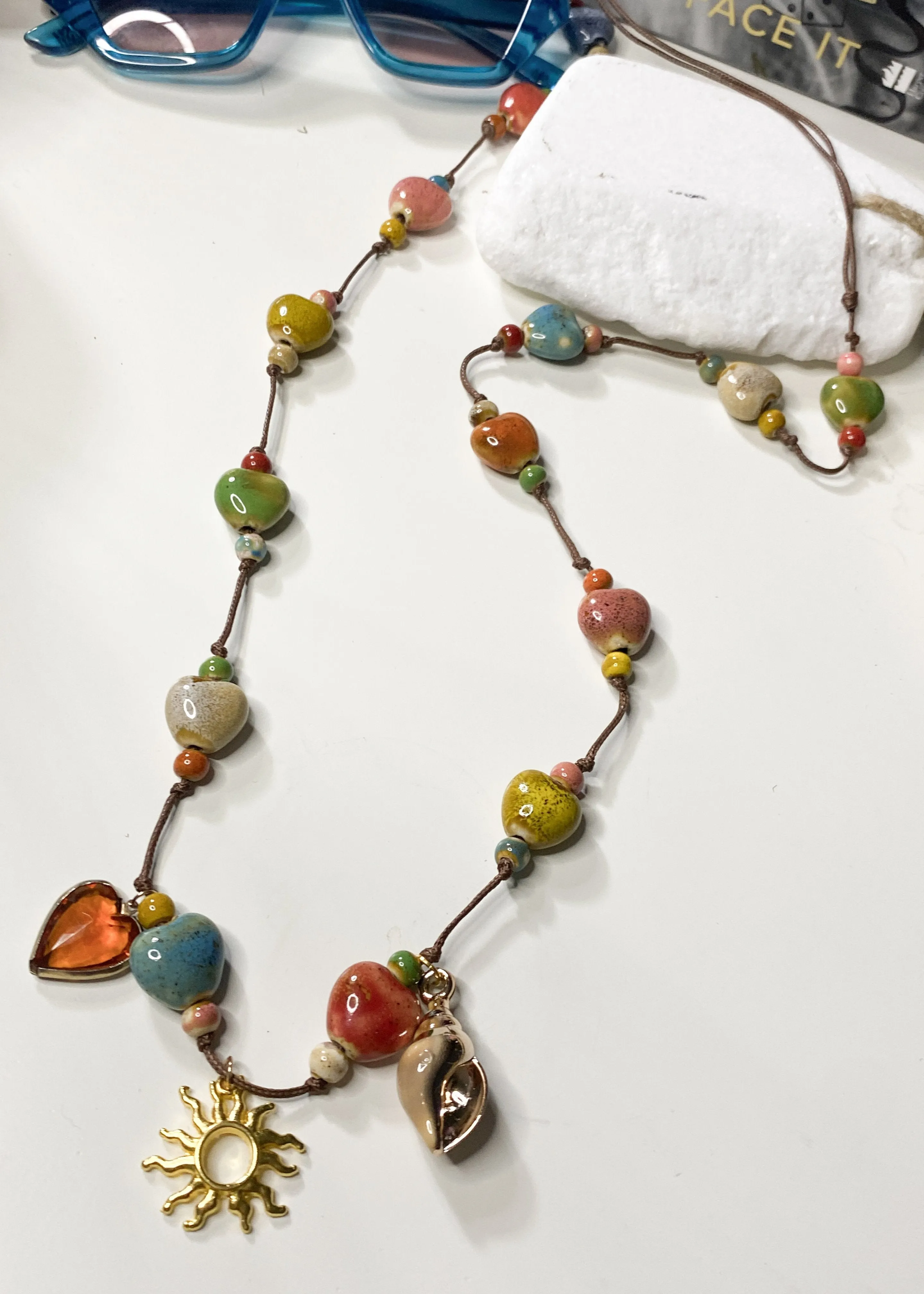 Ceramic Stone Long Leather Thong Necklace