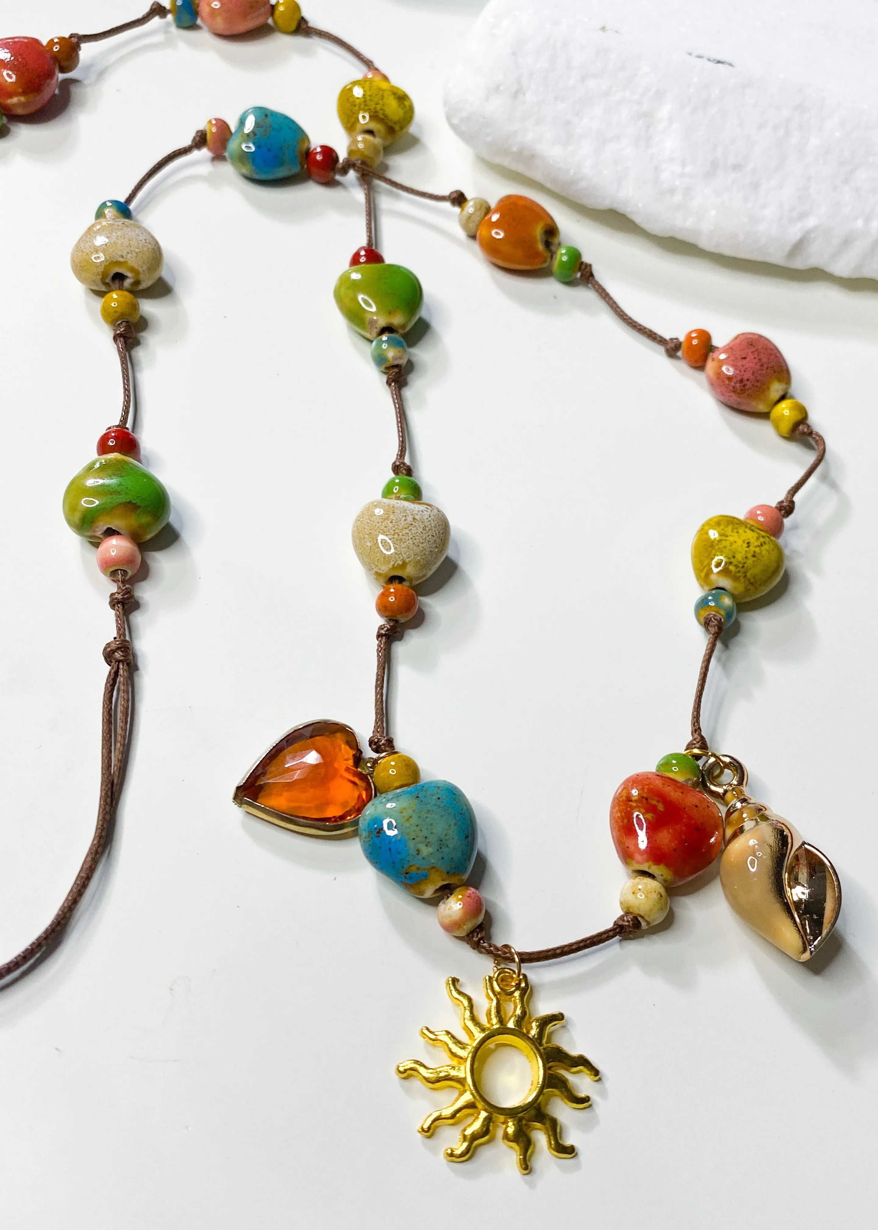 Ceramic Stone Long Leather Thong Necklace