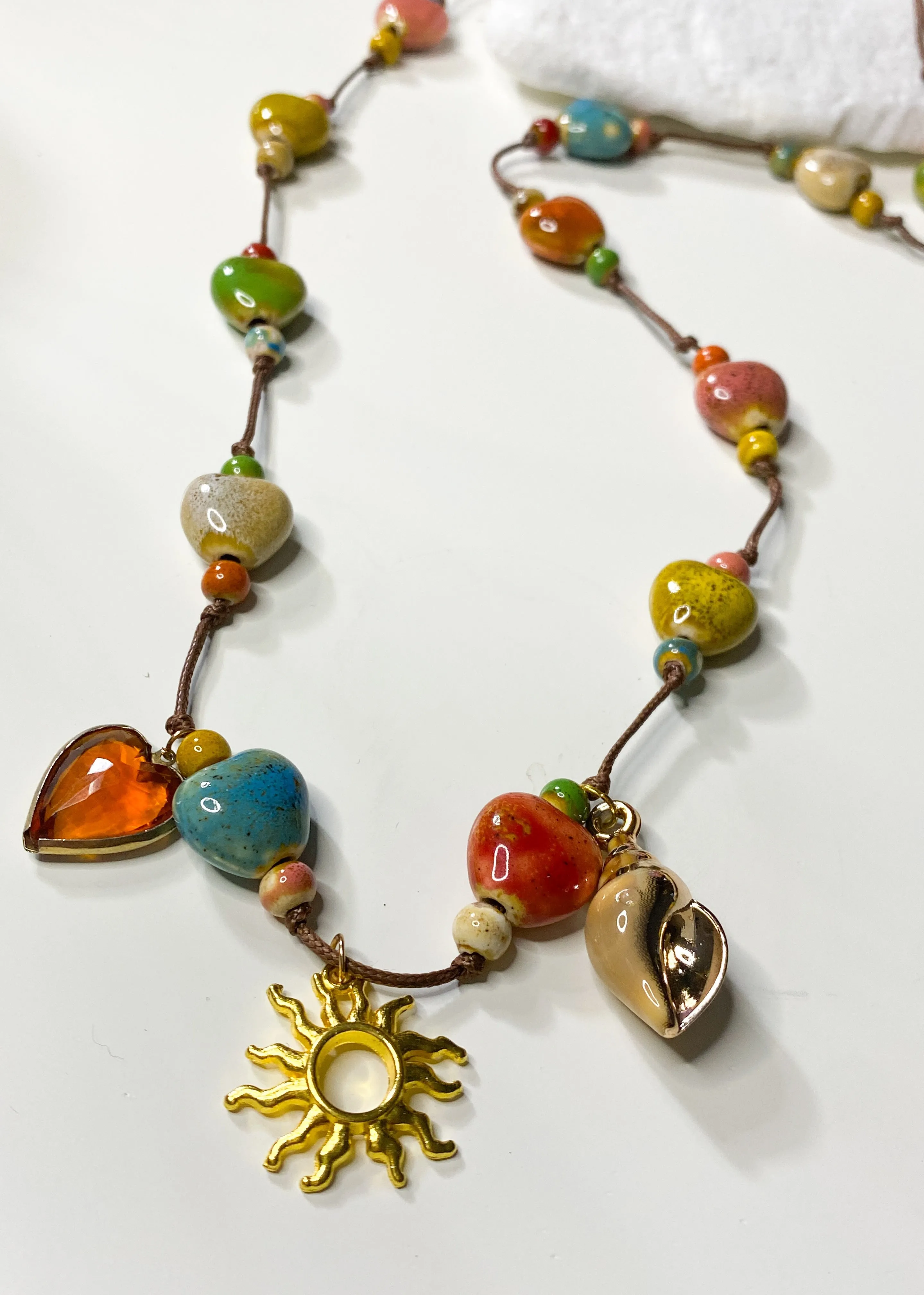 Ceramic Stone Long Leather Thong Necklace
