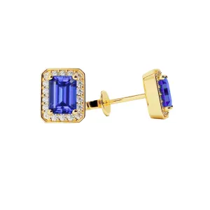 Ceylon Sapphire And Natural Earth Mined Diamonds 4.20 Ct.Prong Set Studs Halo Earrings