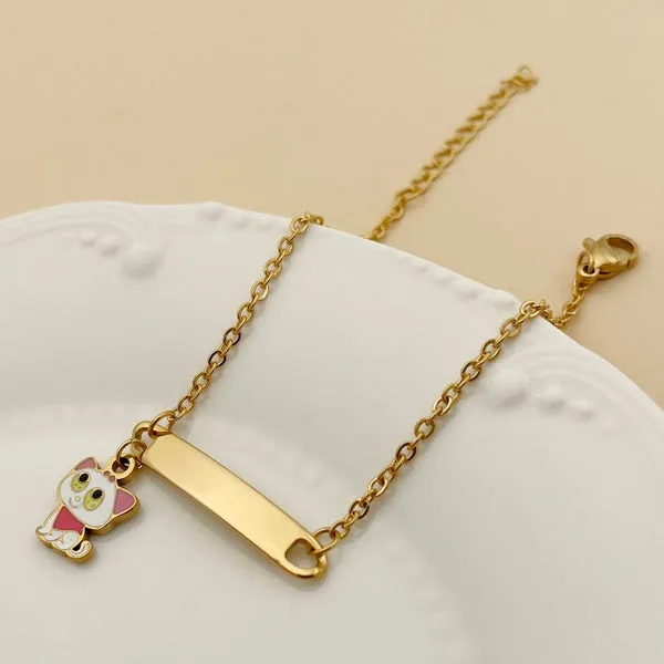 Children's Bracelets:   Steel with Gold IP ID Bracelets with Kitten Charm