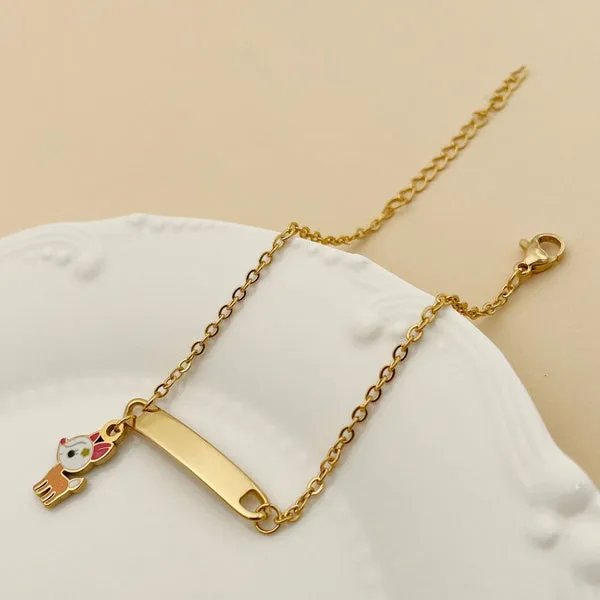 Children's Bracelets:   Steel with Gold IP ID Bracelets with Kitten Charm