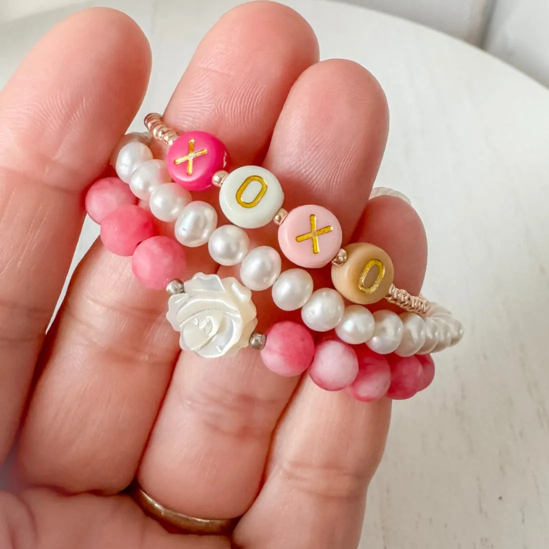 Children's Valentines Day Pink Roses and Pearl Bracelet Set