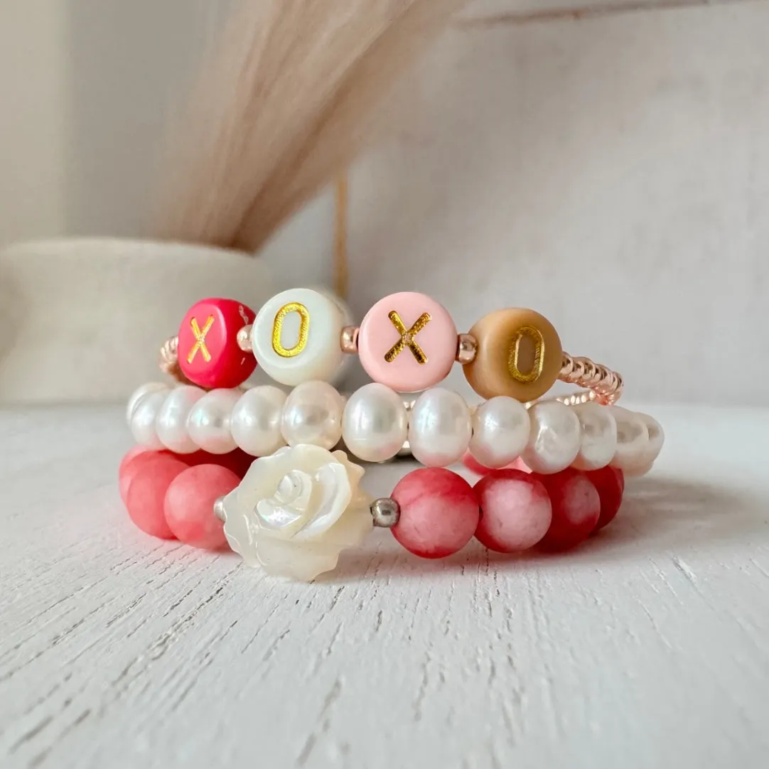 Children's Valentines Day Pink Roses and Pearl Bracelet Set