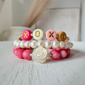 Children's Valentines Day Pink Roses and Pearl Bracelet Set