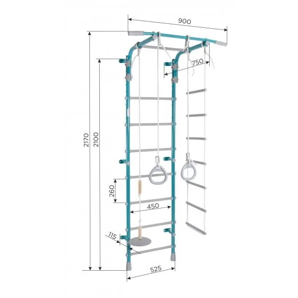 Children's Wall Gym with Stall Bars, Rings, Ladder and Swing PASTEL2 217*75*52.5 cm