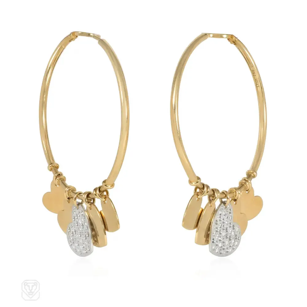 Christian Dior gold and diamond heart charm hoop earrings