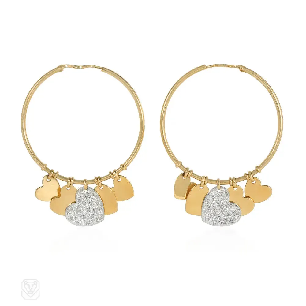 Christian Dior gold and diamond heart charm hoop earrings
