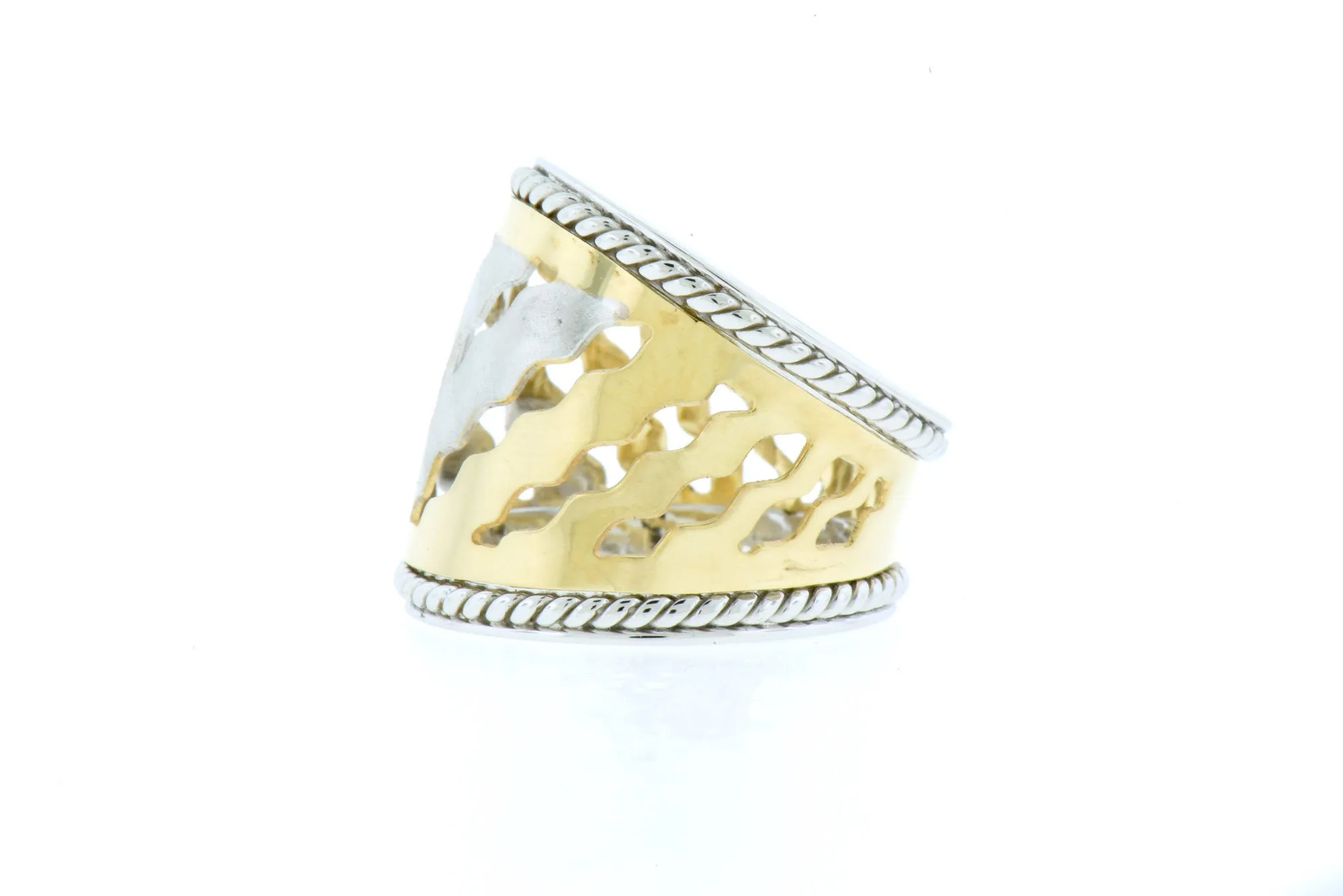 Cigar Ring Wide Squiggle Design - 14K Two-Tone Gold