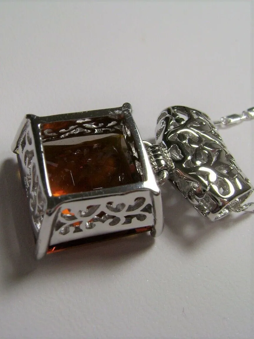 Citrine Pendant, Orange Square Gem, Sterling Silver Art Deco Jewelry #P45