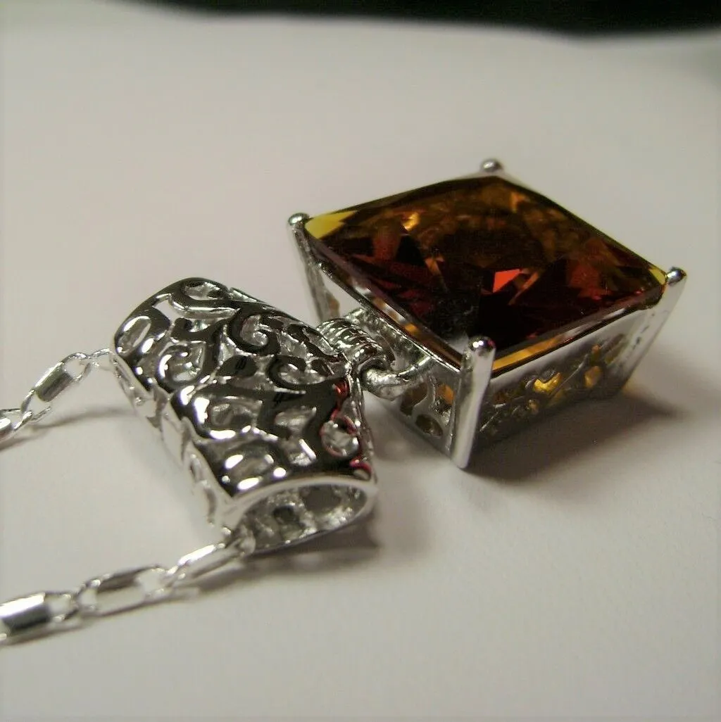 Citrine Pendant, Orange Square Gem, Sterling Silver Art Deco Jewelry #P45