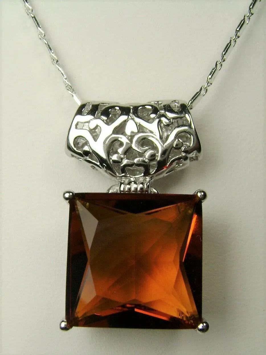 Citrine Pendant, Orange Square Gem, Sterling Silver Art Deco Jewelry #P45