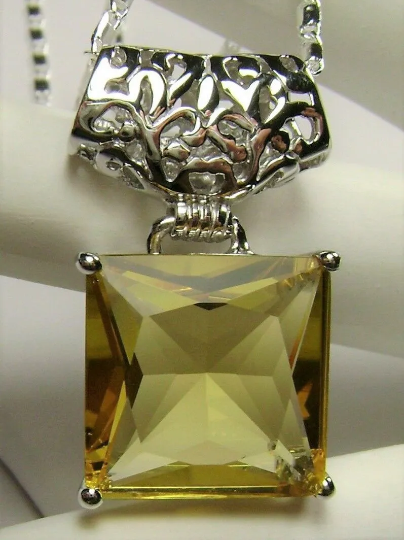 Citrine Pendant, Yellow Square Gem, Sterling Silver Art Deco Jewelry #P45