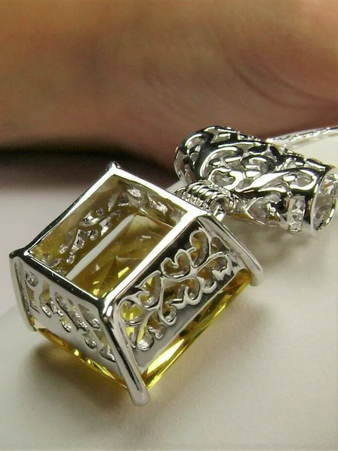 Citrine Pendant, Yellow Square Gem, Sterling Silver Art Deco Jewelry #P45